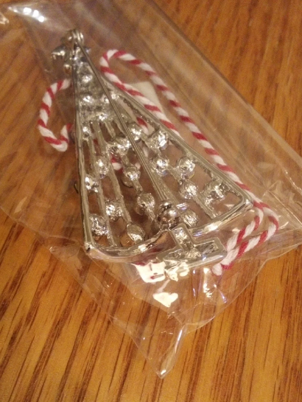 Jeweled Silver-Tone Christmas Tree Ornament with Red and White Cord